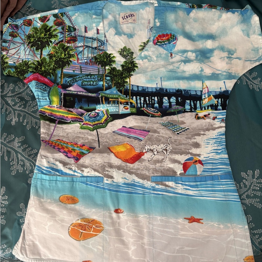 Smart Scrubs beach scene Blue and White Top